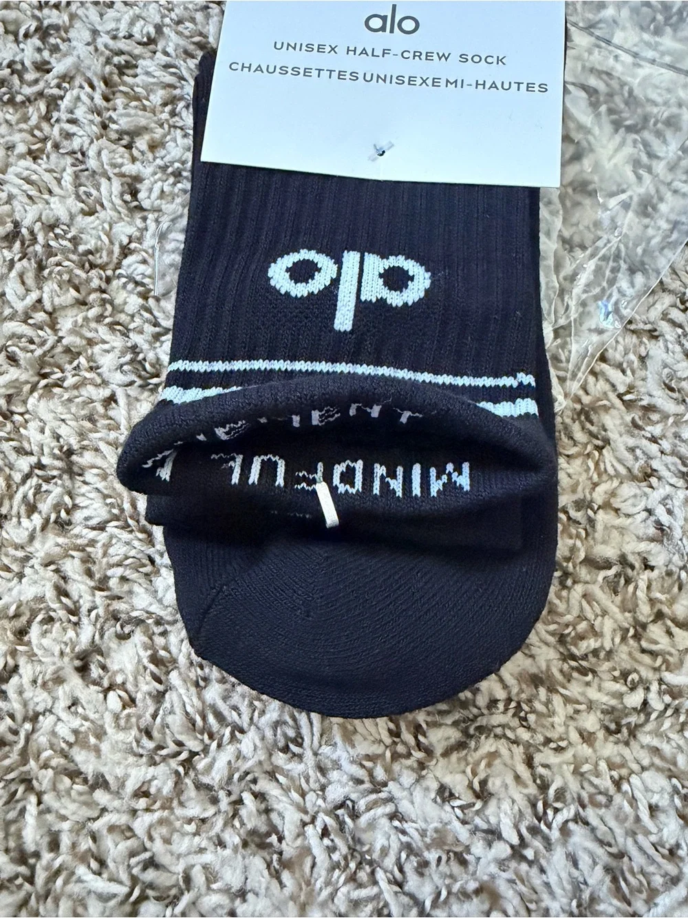 ALO Yoga Black Athletic Half-Crew Socks with White Logo & Twin Stripes